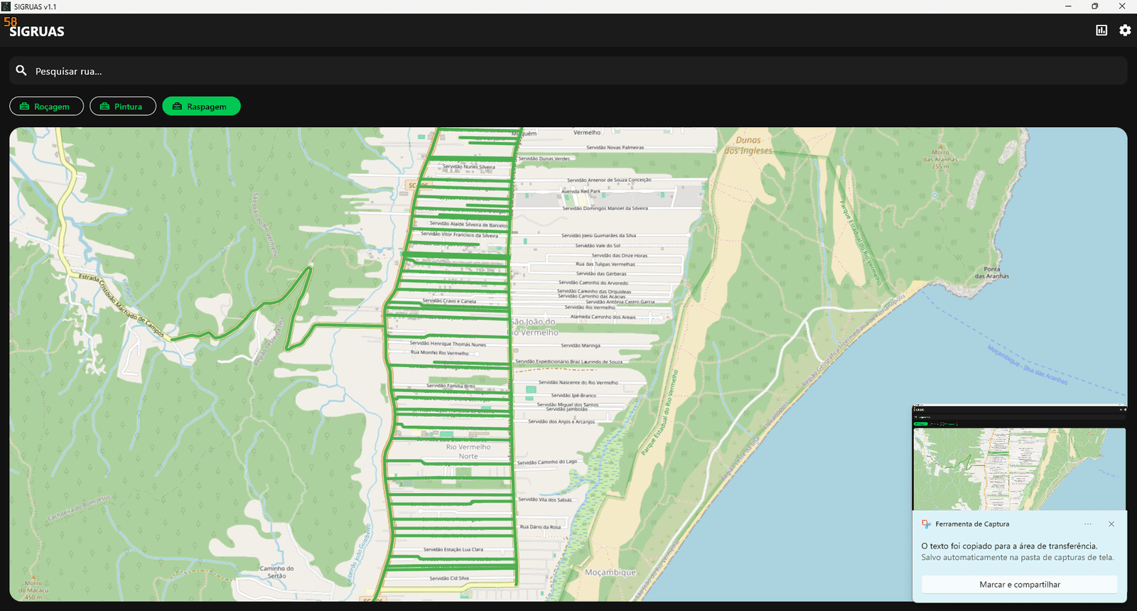 Mapa de ruas atendidas no SIGRUAS